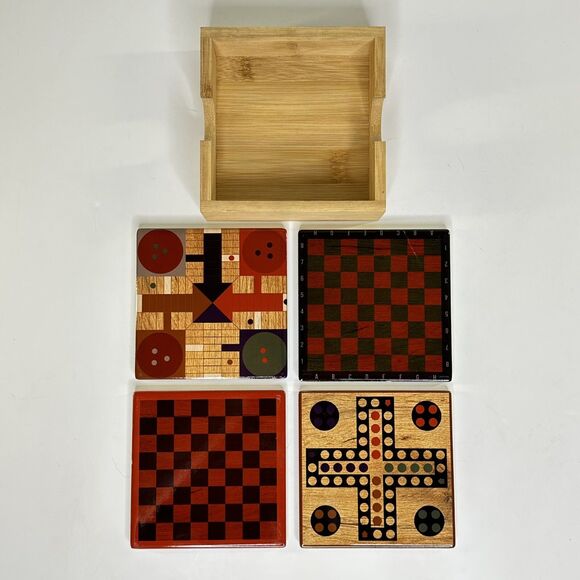 4 Piece Ceramic Game Coaster Set Cork Back Checker Chess Inspired Red Shed Gift - Picture 2 of 13